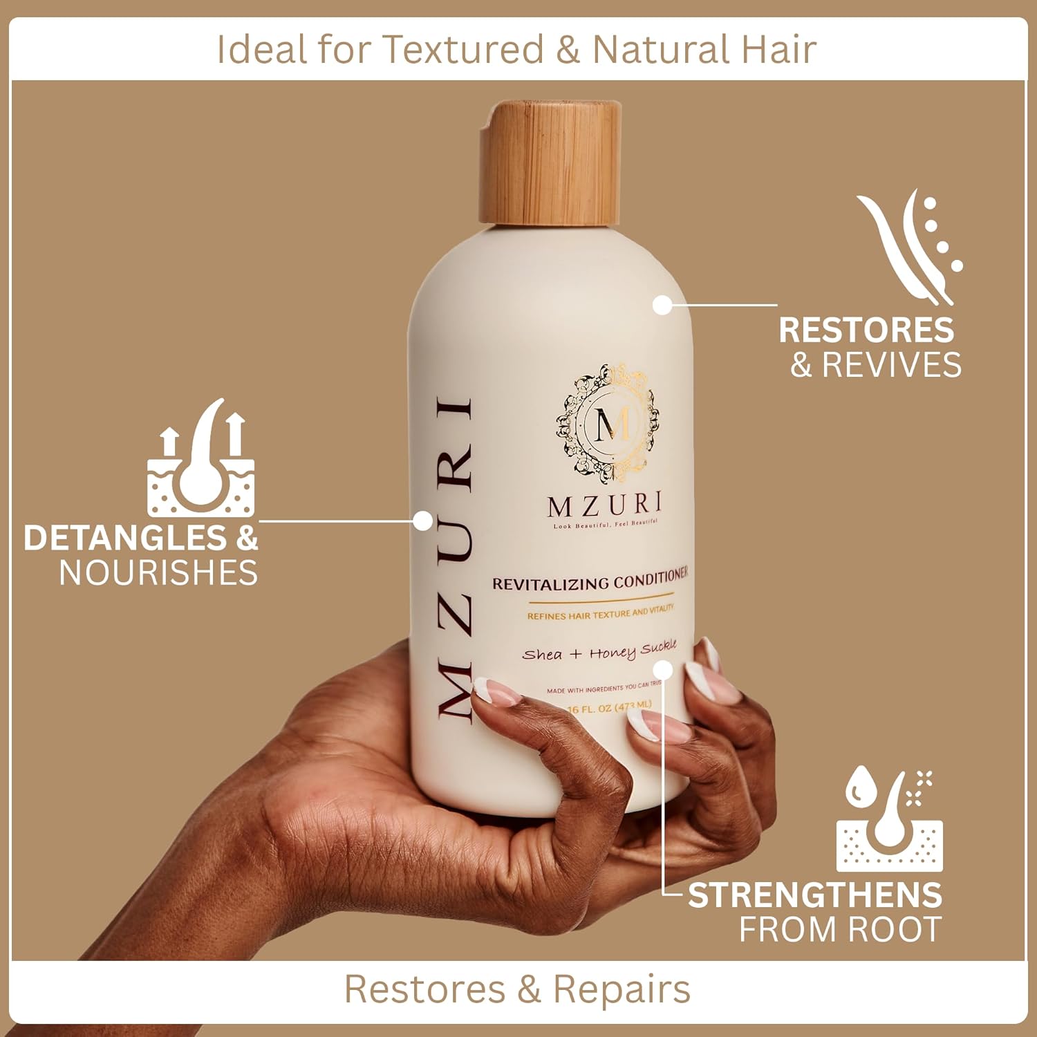 MZURI Revitalizing Conditioner with Shea Butter, Honey Suckle, Moisturizing, Hydrating, and Deep Conditioning Treatment for Frizzy, Dry, or Color-Safe Hair, Restorative Leave-In Formula - 16 Fl. Oz