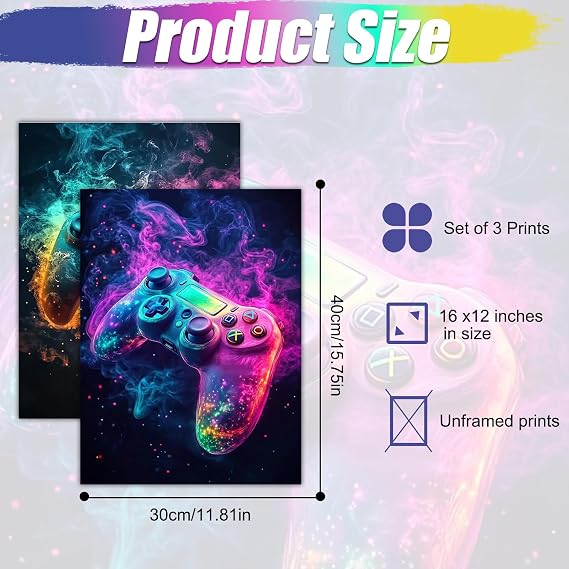Cunegra Gaming Posters Set of 3, Gaming Canvas Poster, Colorful Game Wall Art for Teen Boys Playroom Decor, Game Room Accessories Bedroom Home Decoration, 40×30 cm (Unframed)
