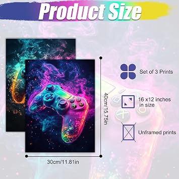 Cunegra Gaming Posters Set of 3, Gaming Canvas Poster, Colorful Game Wall Art for Teen Boys Playroom Decor, Game Room Accessories Bedroom Home Decoration, 40×30 cm (Unframed)
