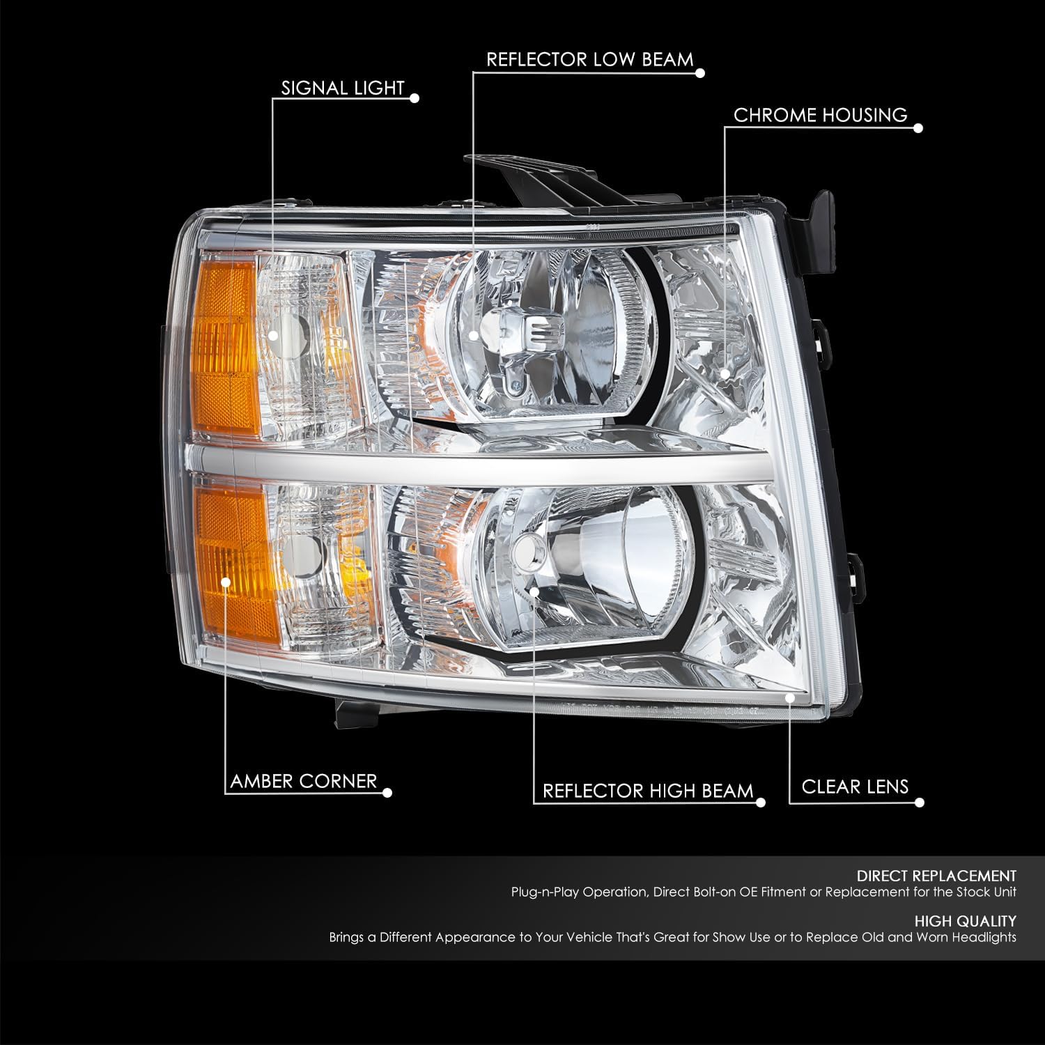 DNA MOTORING Right OE Style Headlight Compatible with 07-13 Chevy Silverado 1500/07-14 Silverado 2500 2500HD 3500HD / 08-13 Silverado 3500,OEM-HL-0217-R, Chrome/Amber