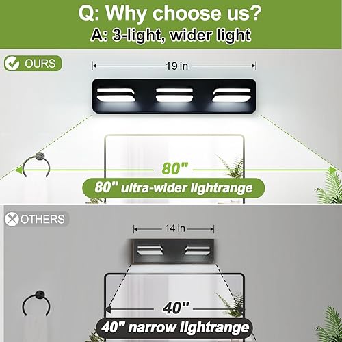 Miniatura 3 de Lámparas LED regulables para tocador de baño (3 luces, 19 pulgadas), rotación de 360, acrílico, negro mate, para baño, modernos accesorios de