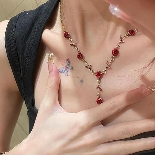 Miniatura 3 de Irregular Red Rose Necklace for Women Flower Necklace Vintage Jewelry Fashion Valentine's Day Jewelry 19.29 inches