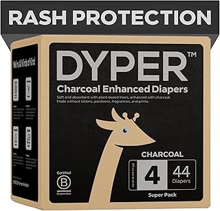 DYPER Charcoal Enhanced Day & Overnight Disposable Baby Diapers - Made with Plant-Based* & Honest Ingredients, Hypoallergenic for Sensitive Skin - Size 4, (44 Count)