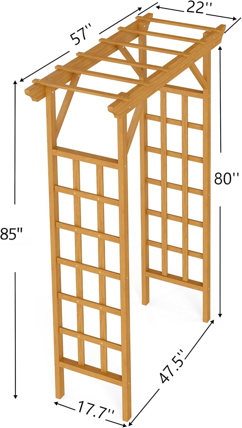 85 Inch Wooden Garden Arch, Rustic Pergola & Plant Trellis – Outdoor Wedding Archway Ceremony Decor, Garden Arbor for Backyard Lawn Courtyard Patio or Christmas Decoration (Light Brown, 57 * 22 * 85)