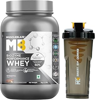 MuscleBlaze Biozyme Performance Whey Protein Powder, Chocolate Hazelnut (1kg) + Cyclone Blender Gym Shaker (700ml)
