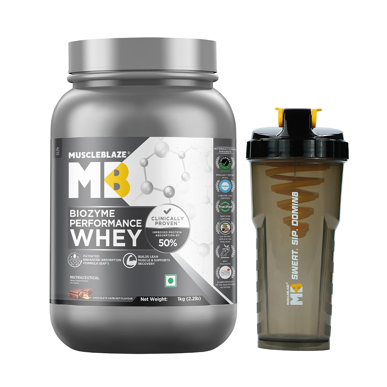 MuscleBlaze Biozyme Performance Whey Protein Powder, Chocolate Hazelnut (1kg) + Cyclone Blender Gym Shaker (700ml)