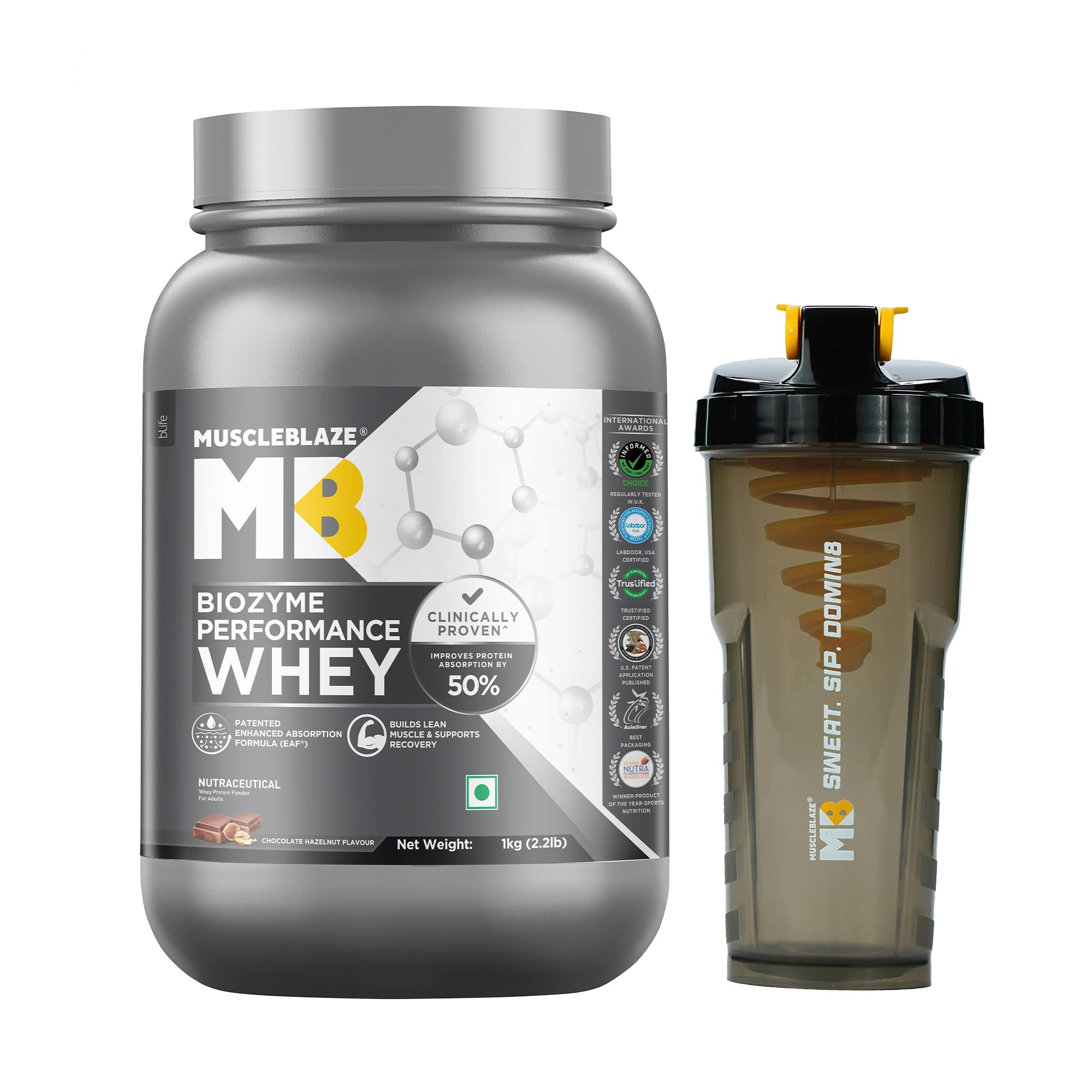MuscleBlaze Biozyme Performance Whey Protein Powder, Chocolate Hazelnut (1kg) + Cyclone Blender Gym Shaker (700ml)-image-37