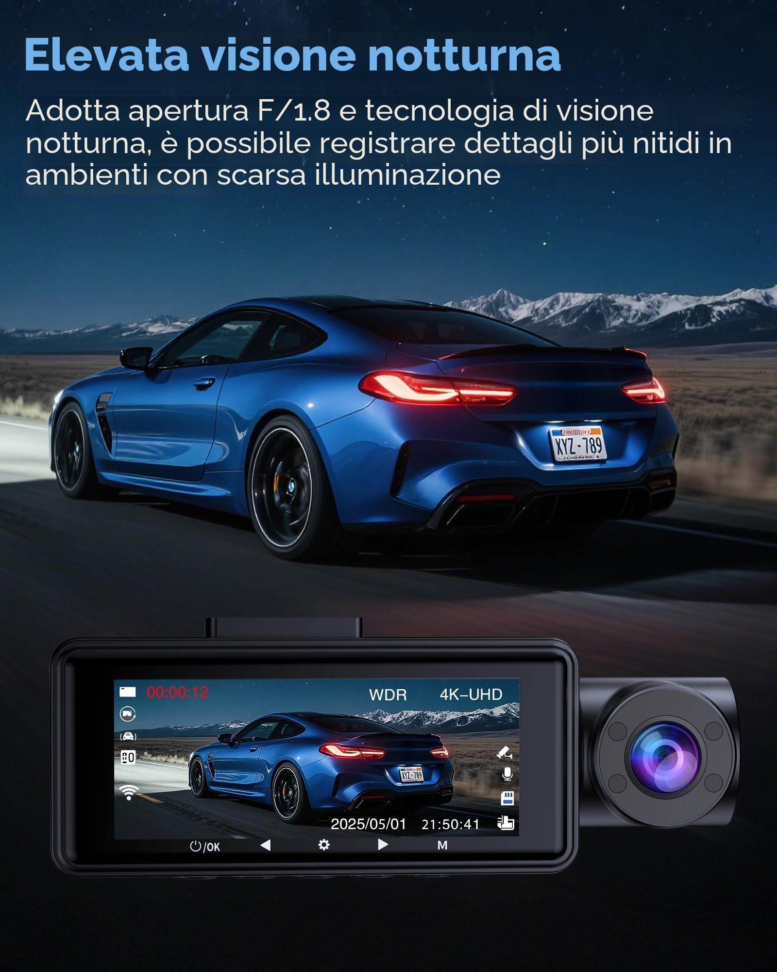 Famgoods Dash Cam Auto Fronte 4K, Retro, Interno, Dashcam Auto 360°, 3.16 "schermo IPS, scheda gratuita 64GB, Dashcam Auto 5GHz WiFi, APP, Visione Notturna Super, Sensore G, Registrazione Loop