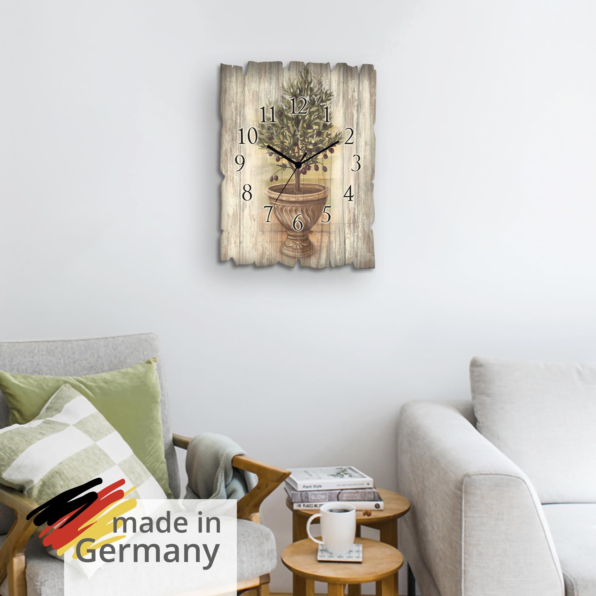 ARTLAND Wanddeko Wanduhr ohne Tickgeräusche aus Holz Funk Uhr lautlos Rechteckig 30x40 cm Topf Keramik Pflanzen Olivenbaum Toskana Rustikal Vintage U0PU