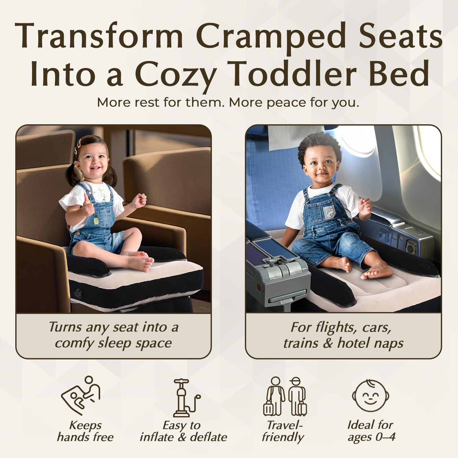 Luxury Toddler Airplane Bed – Travel Bed & Airplane Seat Extender for Kids with Carry Bag, Air Pump, Pillow & Blanket – Black & Beige