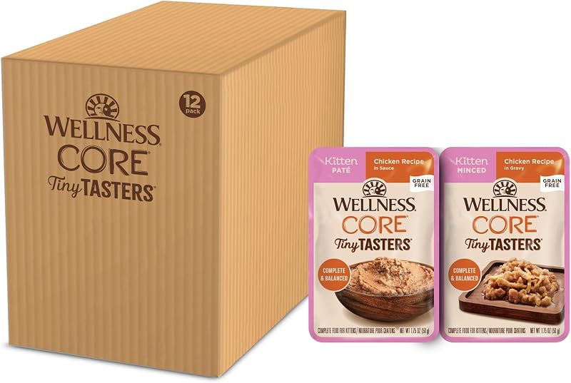 Ração úmida para gatos filhotes Wellness CORE Tiny Tasters, frango, sem grãos, sachês variados com 12 unidades de 50 g