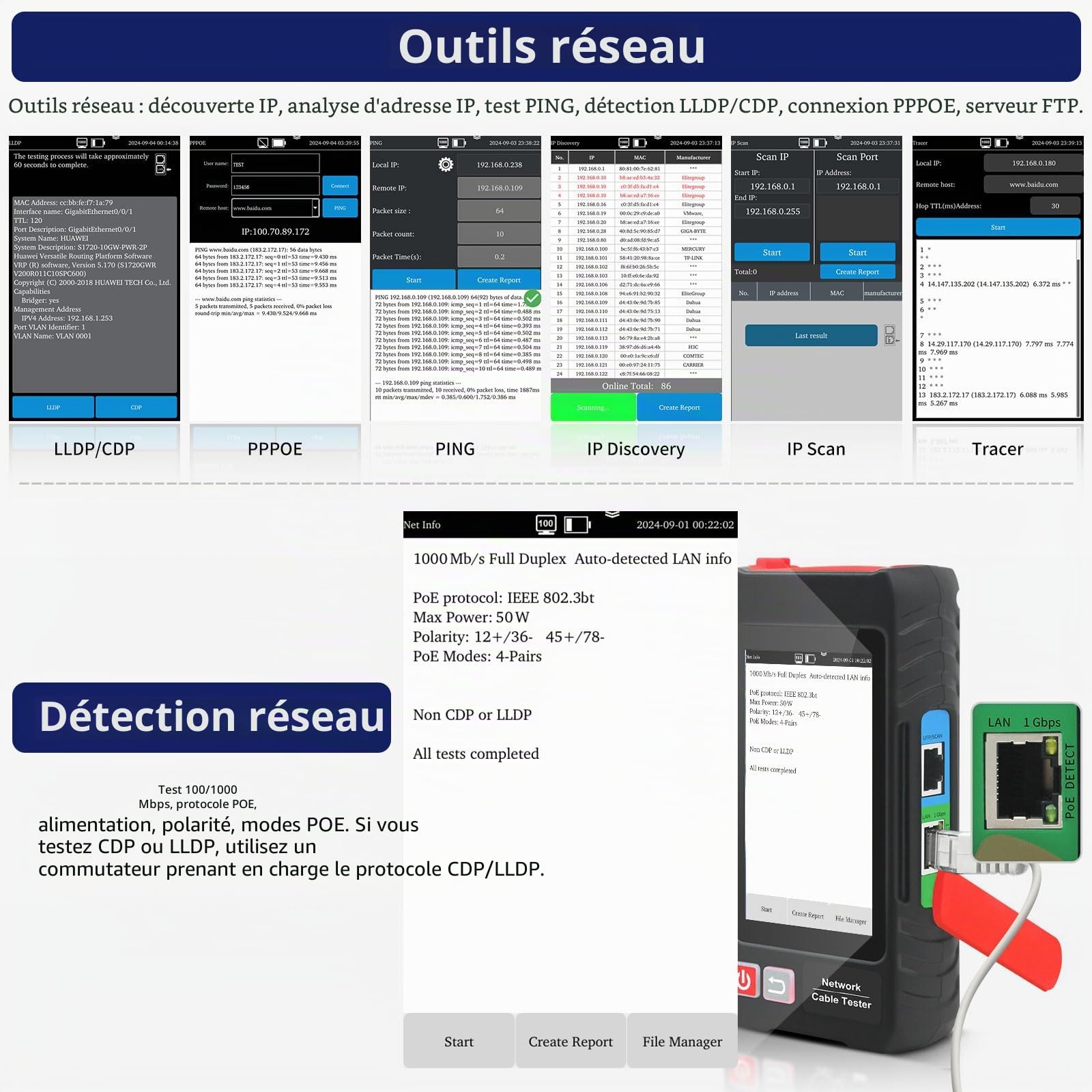 Henkion Testeur de câble réseau multifonction RJ45 UTP, câble Ethernet, écran tactile IPS de 4 pouces, prend en charge les outils réseau, VFL, OPM, détection POE+, RJ45 TDR, longueur du câble, NCV