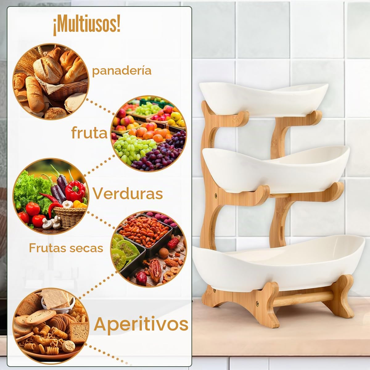 Fruteros de Cocina Modernos Frutero 3 Pisos Blanco, Frutero de Cerámica Cesta de Frutas de 3 Niveles con Pararse Bambú para Decoración de Cocina, Verduras, Frutas, Aperitivo