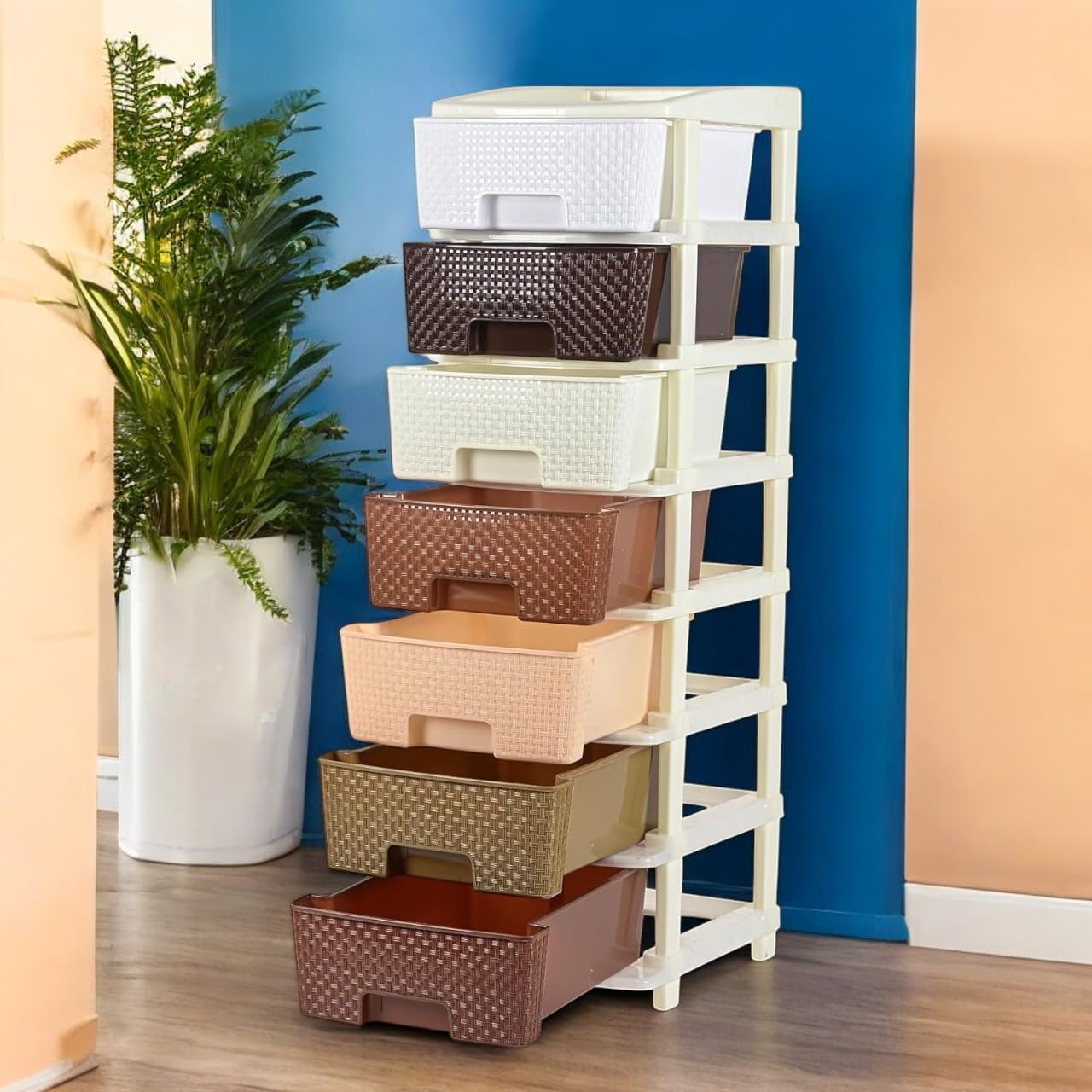 Smarttex™ Plastic Modular Drawer Storage Chest Of Drawers Organizer Storage Box, Large Stomo Racks For Multipurpose Anti-slip Shoes Organizers (Coffee & Chocolate, 7 Layer)