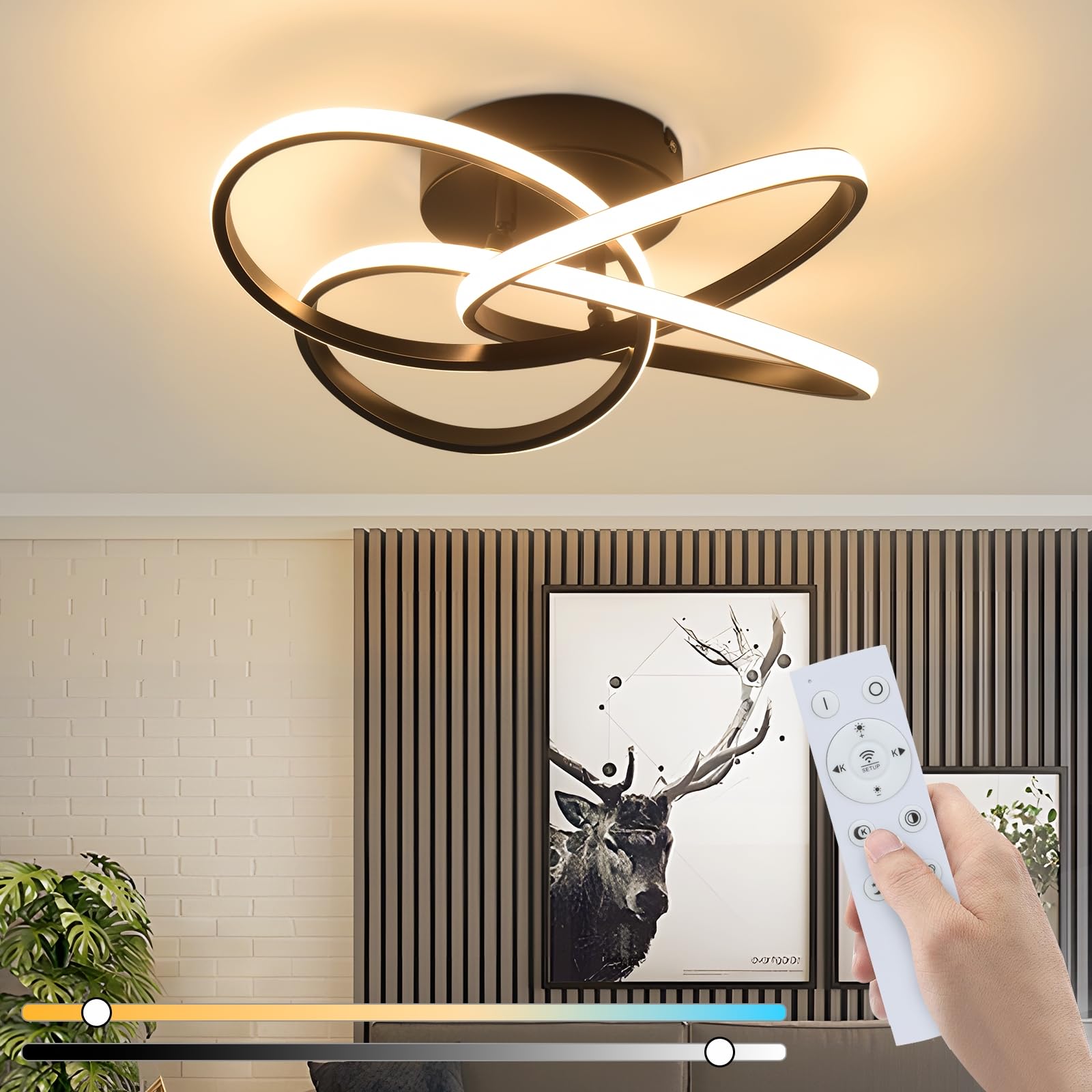 Homefire LED Deckenleuchte Wohnzimmer Deckenlampe Schwarz 46W Dimmbar | Modern Blume Design Wohnzimmerlampe mit Fernbedienung, Metall+Silikon Küchenlampe, Schlafzimmer Deckenleuchten für Küche Flur
