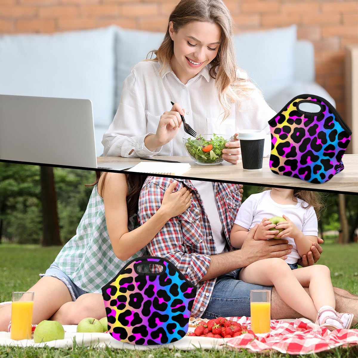 Rainbow Cheetah Leopard Skin Neoprene Small Lunch Bags Insulated Lunch Box for Women Men Girls Boy Lightweight Soft Lunch Tote Handbag for School Work Office Mini Cooler Thermal Meal Prep Bags - Image 7