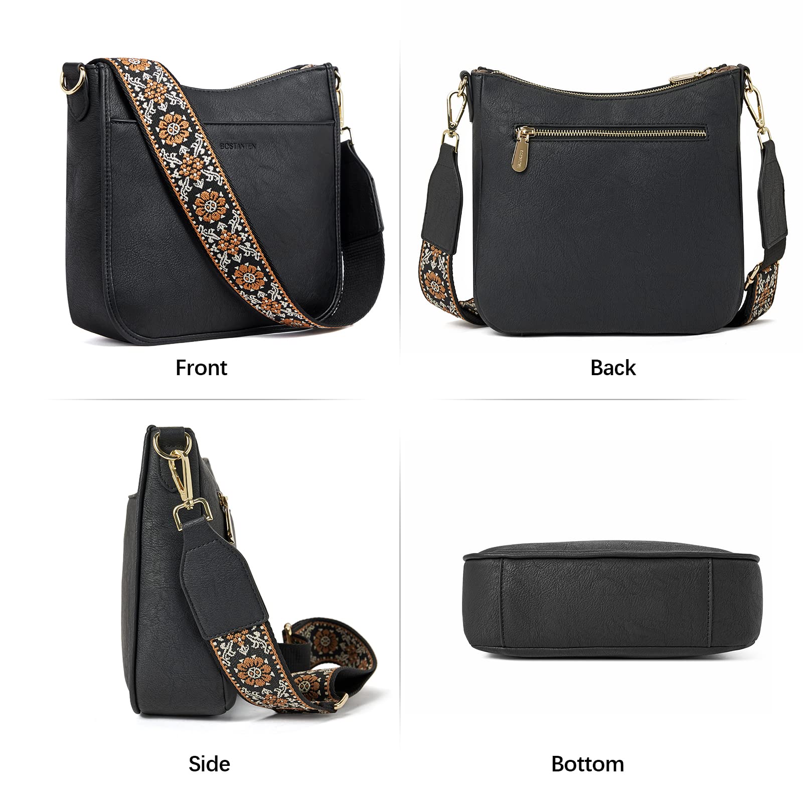 BOSTANTEN Handtasche Damen Mittelgroß Umhängetasche Leder für Frauen | Crossbody Bag mit Verstellbarem Breitem Farbigem Gurt, Tasche mit Vielen Fächern, Schultertasche für Alltag Unterwegs
