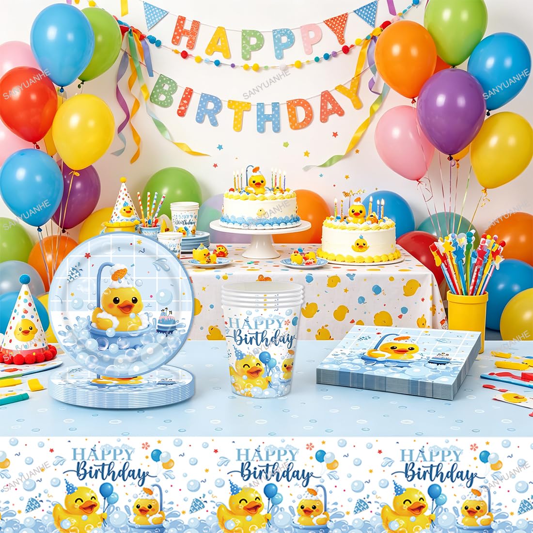61 Pezzi Decorazioni Compleanno Paperella Gialla,Stoviglie per Feste Animali Anatra,SANYUANHE Festa per Bambini Duck,Tema Animali Piatti Tazze Tovaglioli Tovaglie