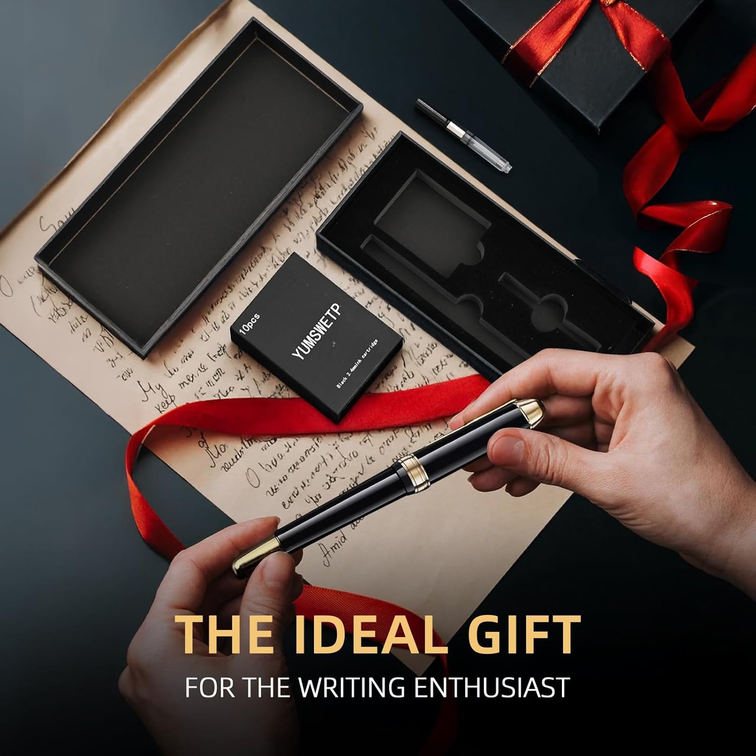 Luxury Fountain Pen Gift Set For Writing Smooth, Fine Nib, Includes Refillable Ink Converter &10 Black 3.4mm Ink Cartridges Metal Pen,Journaling Fancy Pen - Image 3