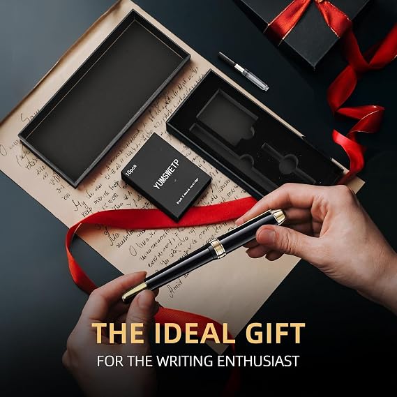 Luxury Fountain Pen Gift Set For Writing Smooth, Fine Nib, Includes Refillable Ink Converter &10 Black 3.4mm Ink Cartridges Metal Pen,Journaling Fancy Pen