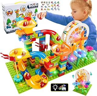 Big Size Blocks Marble Race Run LED Lights Slide Building Blocks Particle Scenes City Brick Compatible with All Major Brands 186 PCS Various Track Models for Boys Girls Toddler Age 3,4,5,6,7,8+