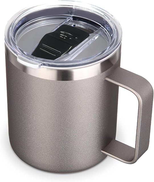 Volhoply 14oz Insulated Stainless Steel Coffee Mug with Leakproof Lid,Double Wall Vacuum Travel Coffee Cup with Handle,Reusable Metal Cups Tumbler,Camping Mugs Keep Hot/Cold(Gray,1)