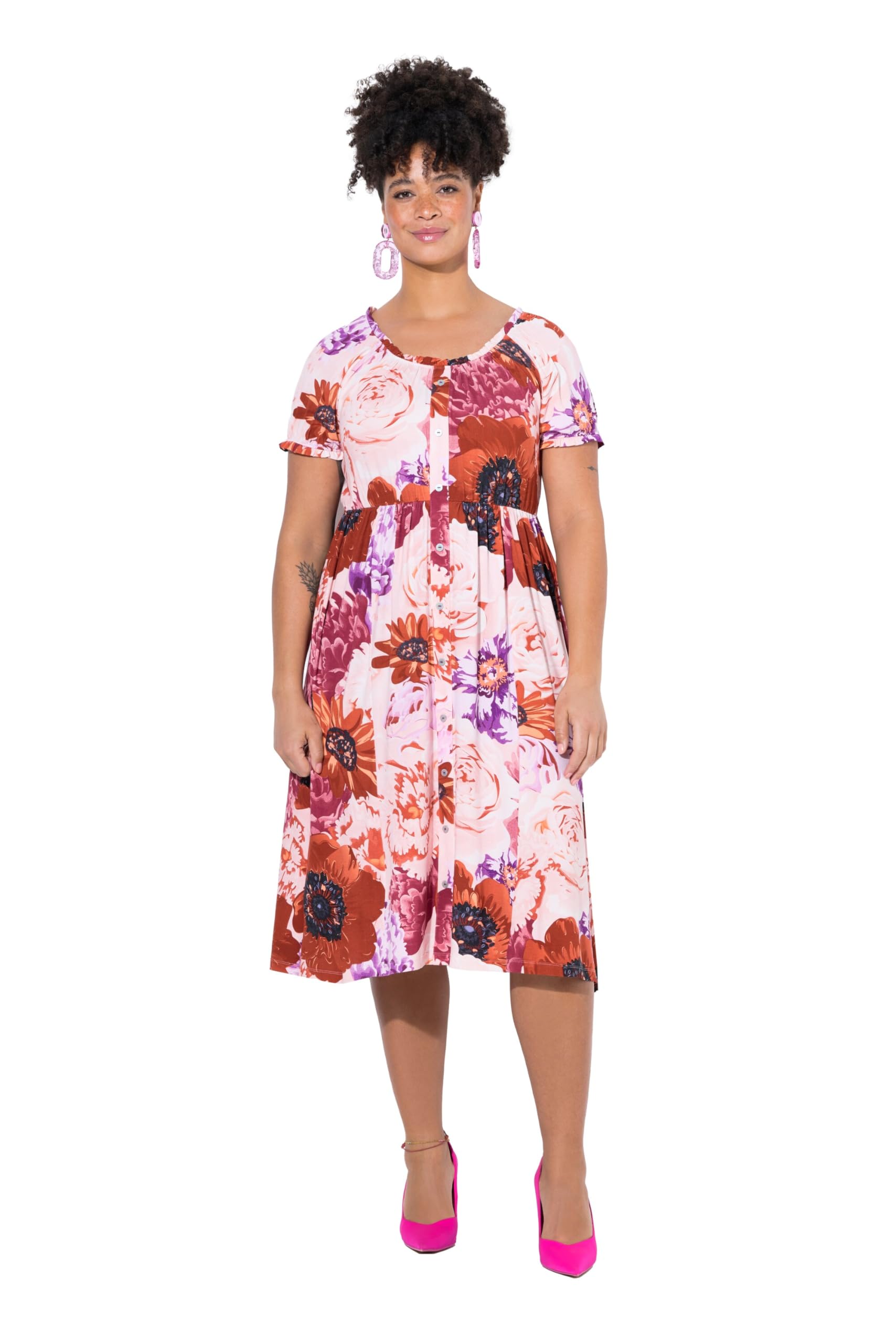 MIAMODA Damen große Größen Übergrößen Plus Size Midi-Jerseykleid, A-Linie, Allover-Print, Carmen-Ausschnitt 840580