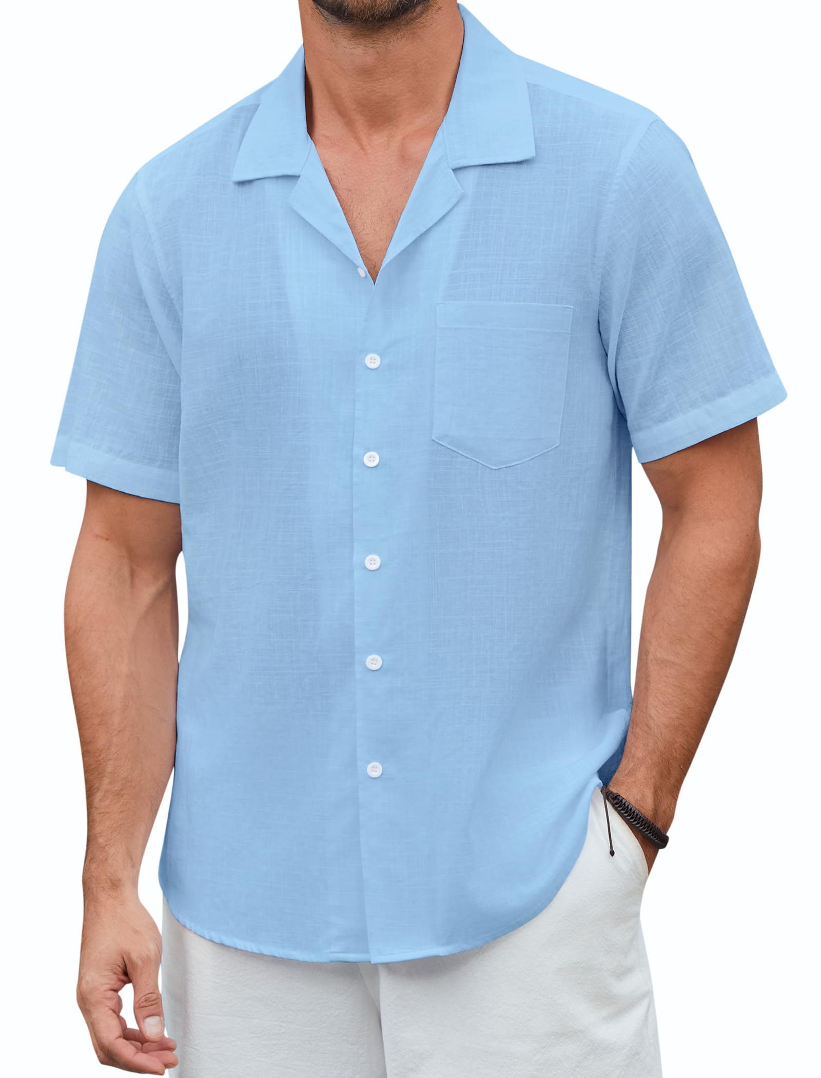 Enlision Chemise Lin Homme Manches Courtes Été Leger Chemises sans Repassage Homme Boutonnée Coupe Régulière Chemisette Décontractée Classique Couleur Unie avec Poche
