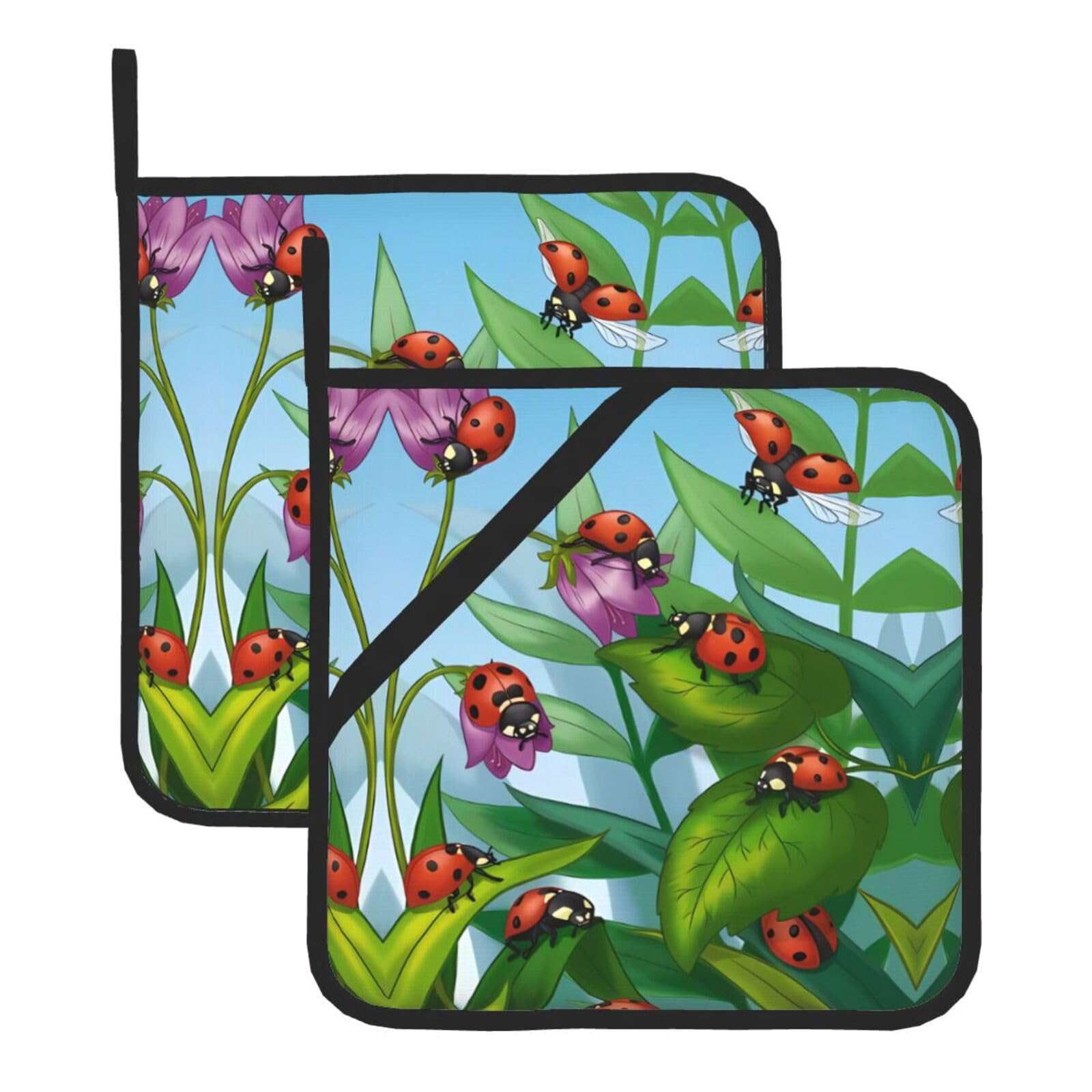 YYHWHJDE Ladybug Prints Square Hot Pads for Kitchen Counter - Waterproof Pot Holders with Hanging Loop, Durable Trivets for Microwave Oven - 2 Pack