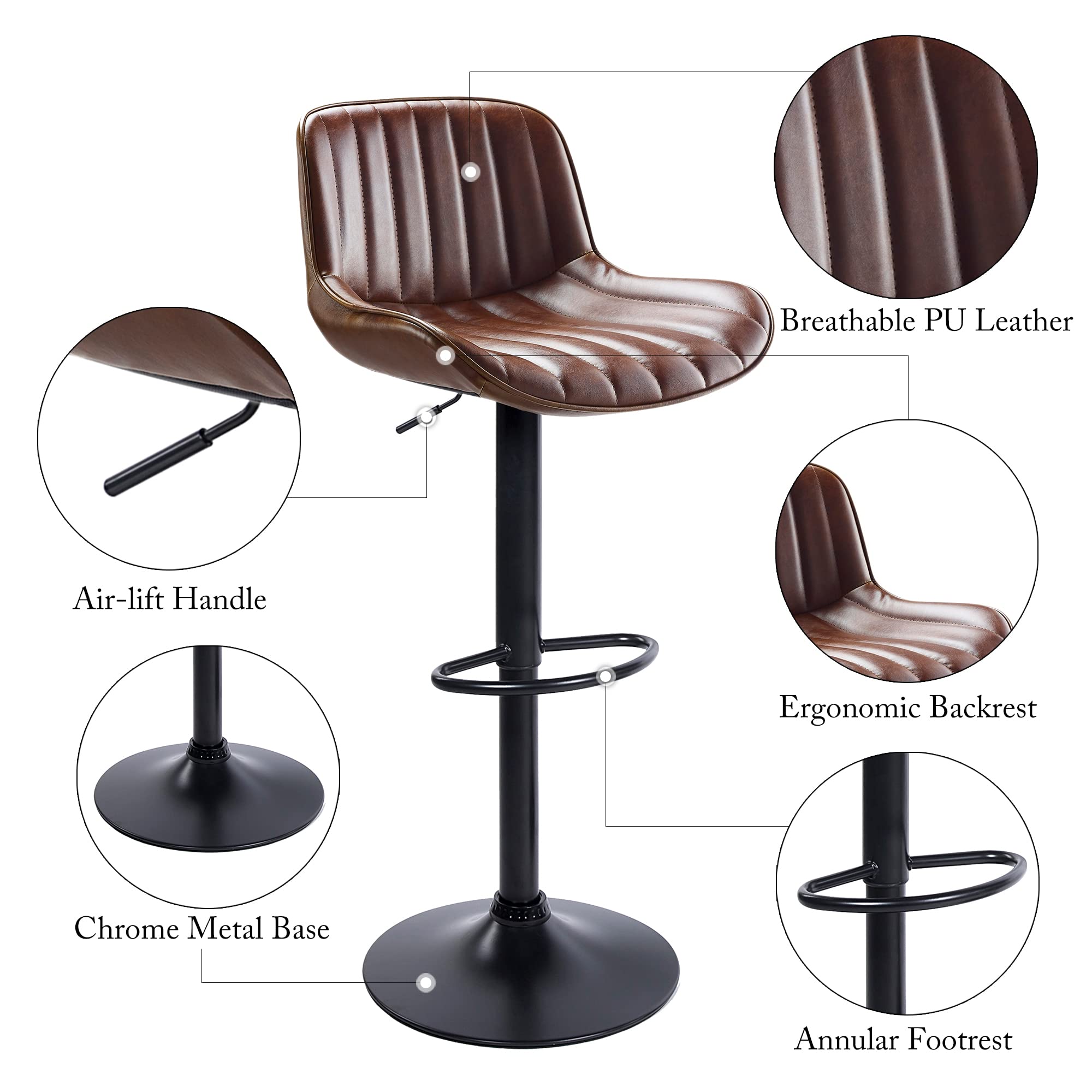 Volans Bar Stools Set of 4, Mid Century Modern Faux Leather Swivel