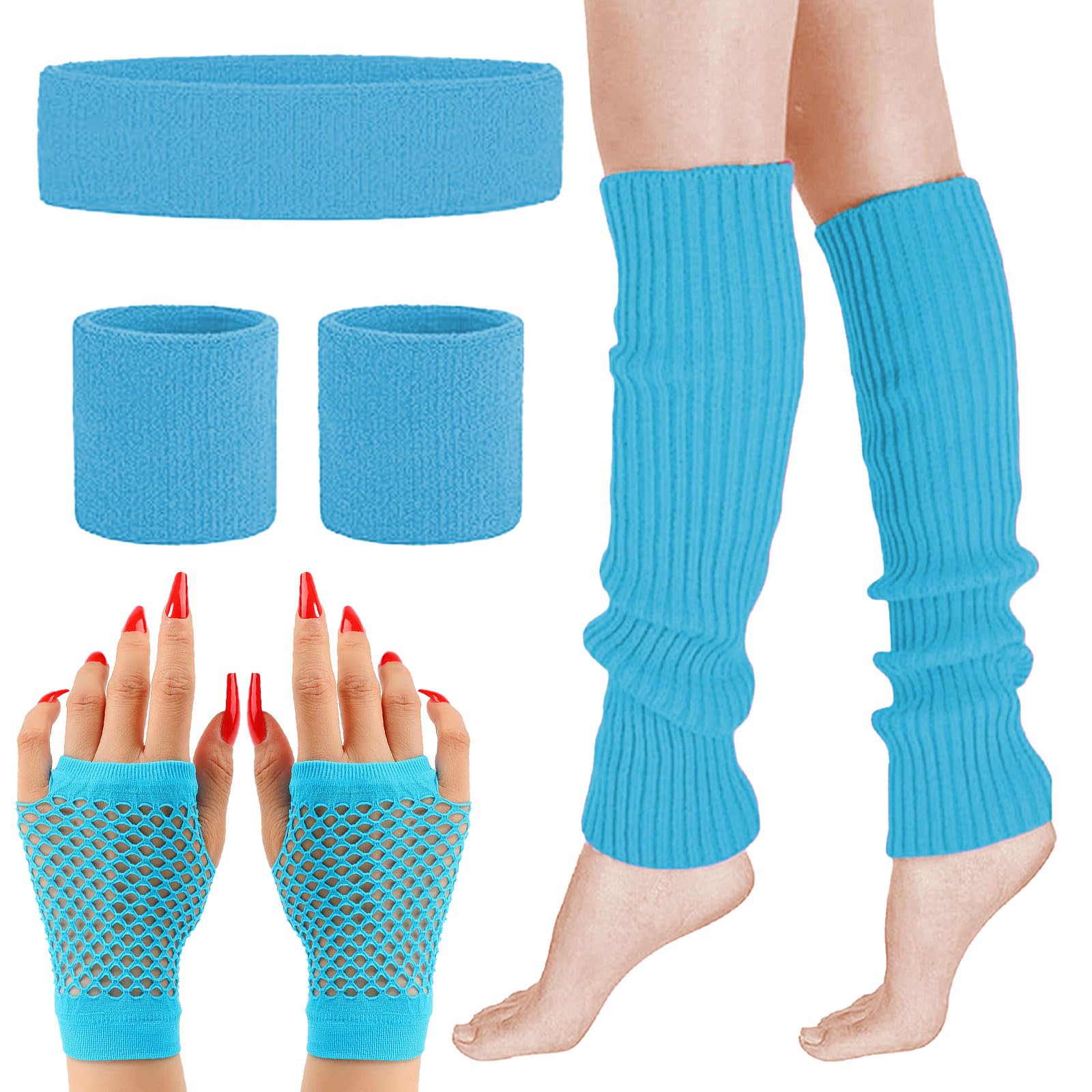 MUNSKT 5 Colors Leg Warmers Fishnet Gloves Headband Wristbands Neon Set, 80s Women Fancy Dress Costume Accessories