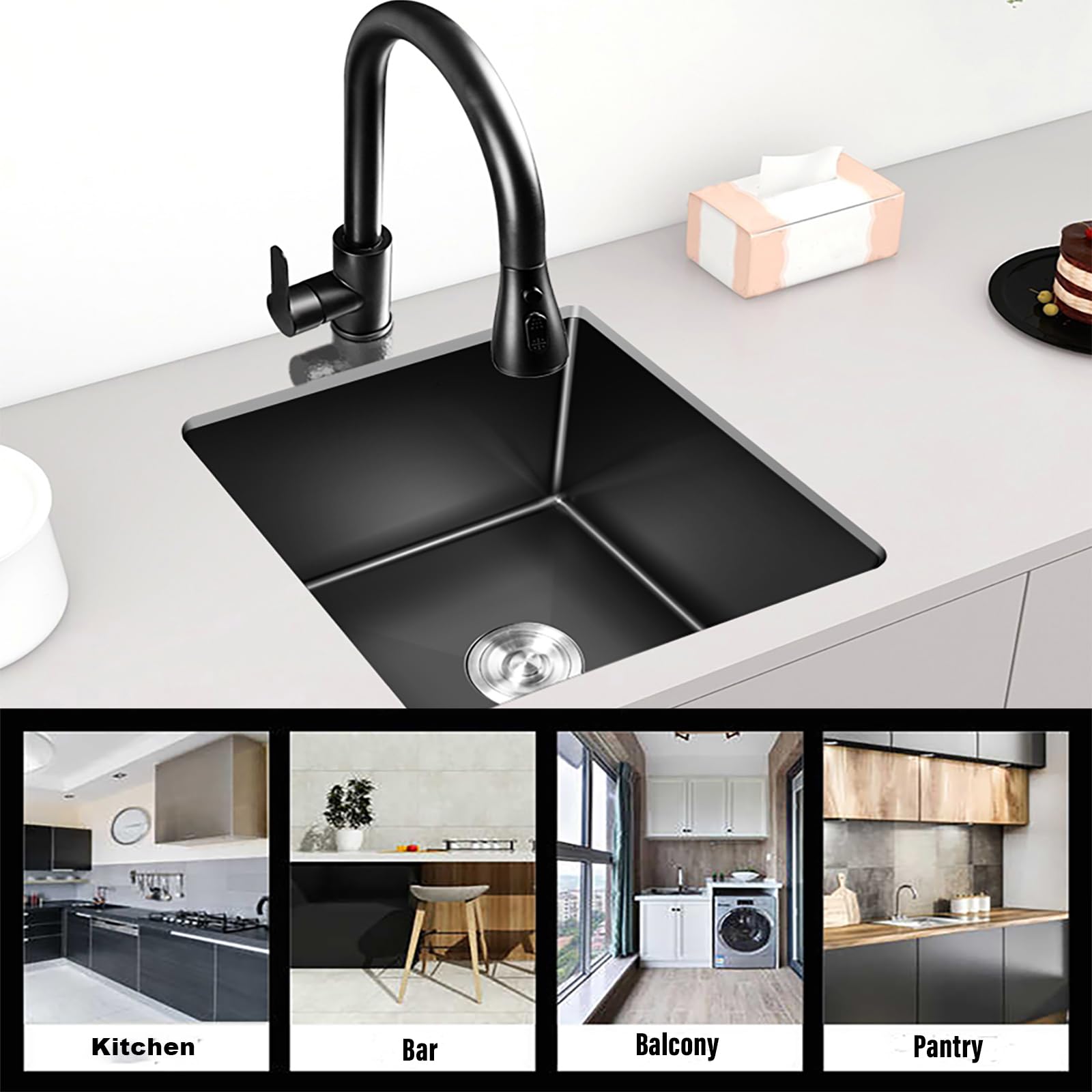 Lavello da cucina in acciaio inox nero 35x50 cm, compatto, da incasso o appoggio, lavello singolo vasca, ideale per piccole cucine, bar, lavanderie e food truck (A, 35x50cm)