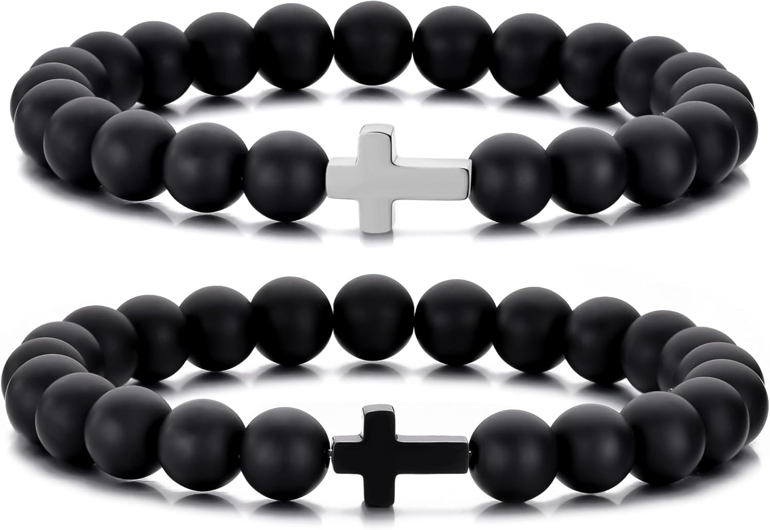 Beaded Cross Bracelets for Men Women 8mm Black Bead Stretch Bracelets Cross Charm Bracelet