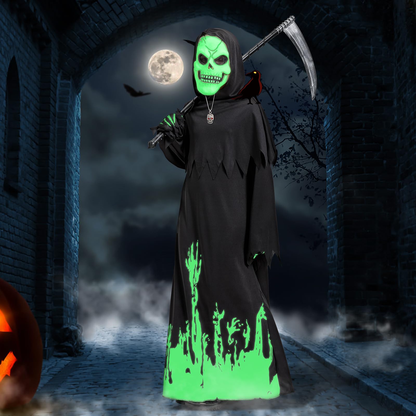 Joozmui Halloween Costumes Grim Reaper Costume Kids Boys Glow In The Dark Halloween Costumes for Kids Boys (5-8 Years) - Image 2