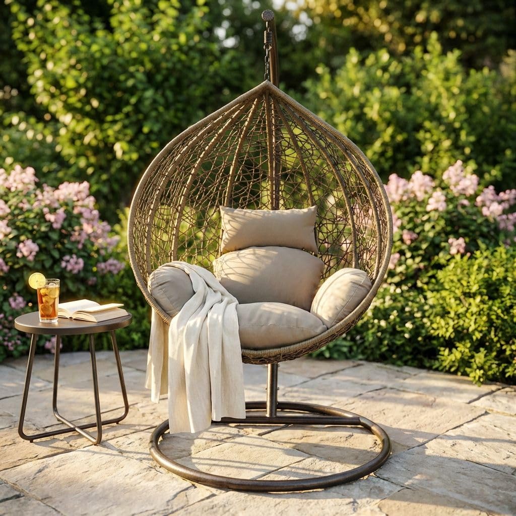 Milani Home - Sedia Sospesa Poltrona A Dondolo Intrecciato In Rattan Per Casa E Giardino Con Cuscino - Marrone