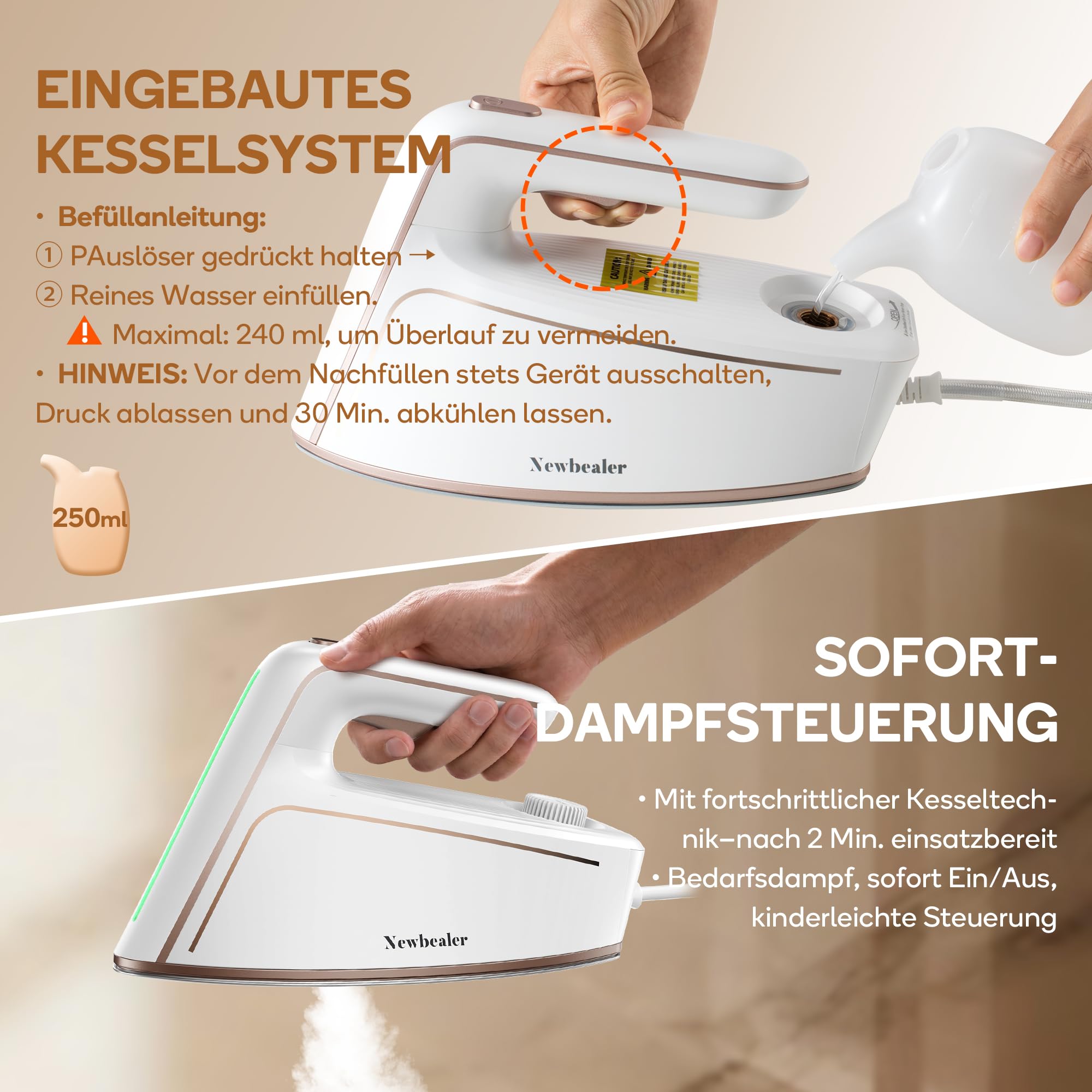 Newbealer Dampfbügeleisen, 1500W Bügeleisen, 5 Bar Dampfdruck, 250 ml Wassertank, max. 100 g/min Dampfabgabe, Antihaftbeschichtete Bügelsohle für müheloses Bügeln