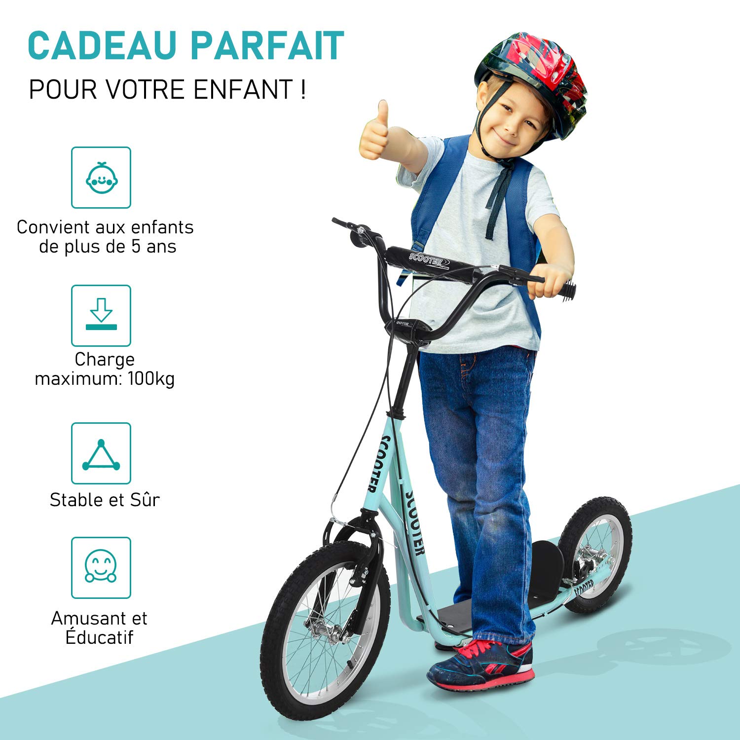 HOMCOM Trottinette patinette Grandes Roues pneumatiques Ø 40 et 30 cm Hauteur Guidon réglable Frein AV/AR béquille Acier Bleu Ciel Noir