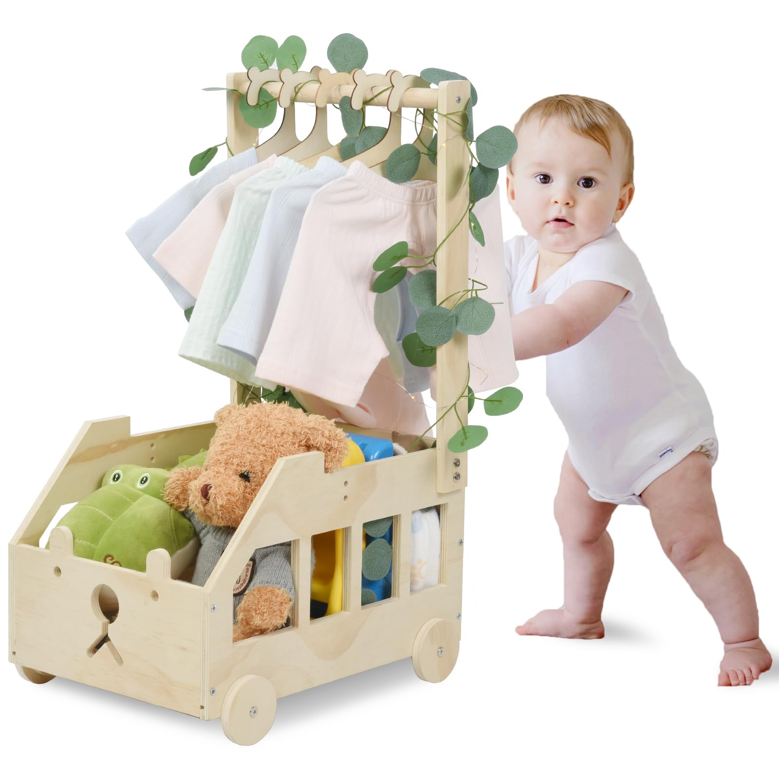 OTraki Kosz na prezent dla niemowląt z drewnianymi kółkami, drewniany prezent na baby shower z dekoracyjnymi liśćmi, 5 drewnianych wieszaków na ubrania, kosz dla noworodków, spersonalizowany kosz dla