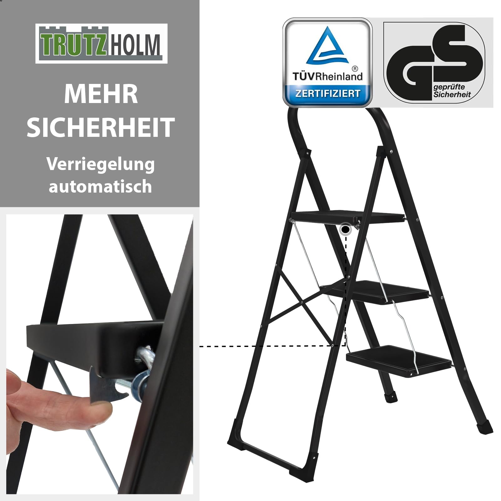 TRUTZHOLM Trittleiter 2 oder 3 Stufen klappbar TÜV/GS Zertifiziert 150 kg Klappleiter Anti-Rutsch Trittflächen & Sicherheitsverriegelung Klapptritt Haushaltstritt Stahl Leiter (Schwarz, 3 Stufen)