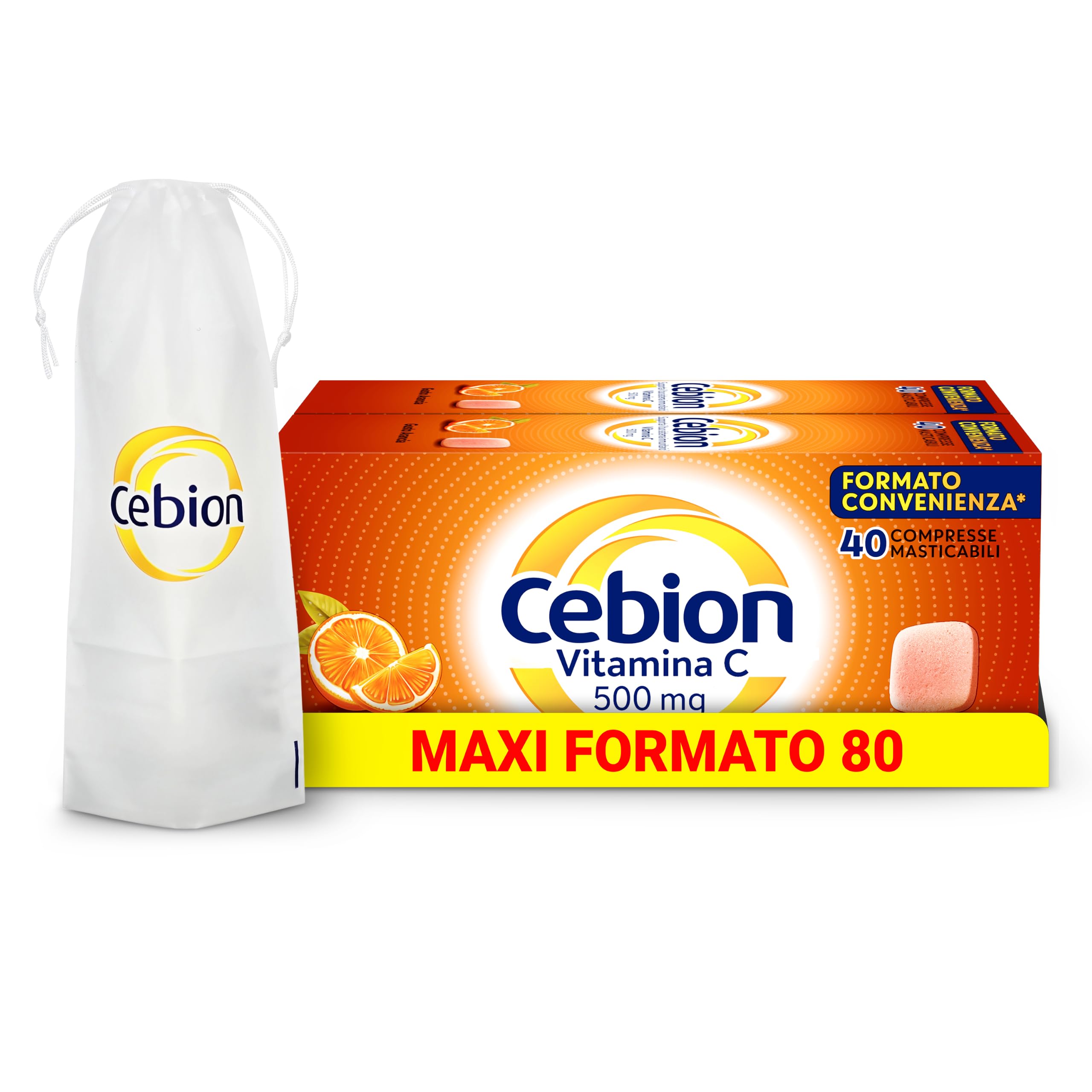 Cebion Vitamina C 500 mg Masticabile Arancia, Supporta il Sistema Immunitario1 e il Metabolismo Energetico, 80 Compresse, Integratore Alimentare + portaombrelli