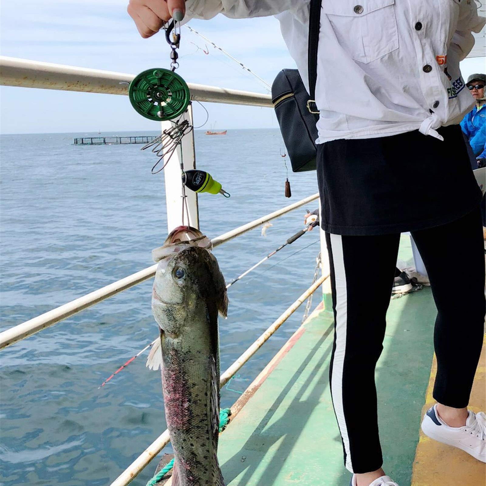 Joyeee stringer pesca de 6 m, con 8 cables de bloqueo de pescado de acero inoxidable kit de soporte de broches, carrete de acero inoxidable, herramientas de pesca, gris
