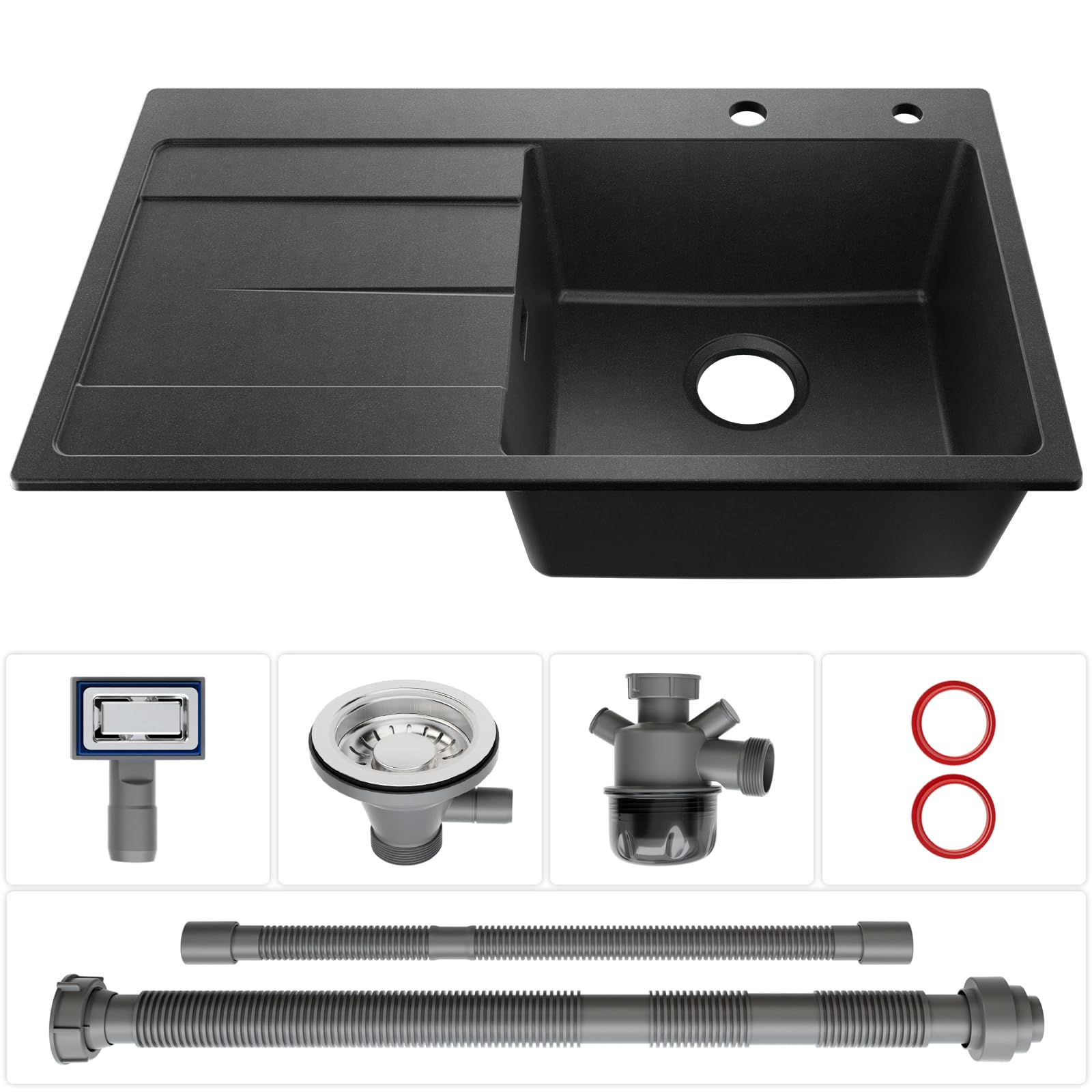 CECIPA Évier de cuisine 78 x 45 cm - Noir - En granit avec égouttoir - Pour armoires inférieures de 45 cm de large - Avec siphon et trop-plein