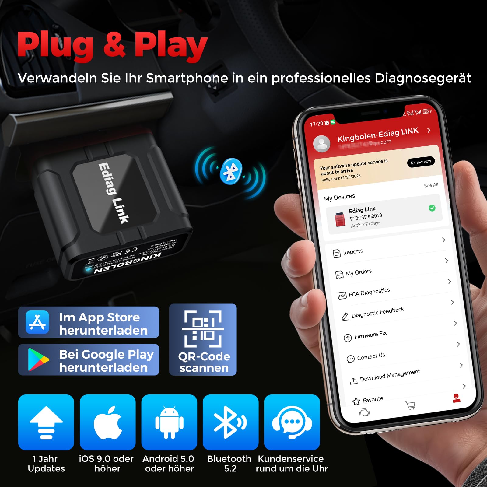 2026 KINGBOLEN Ediag Link OBD2 Diagnosegerät Bluetooth,Profi kfz Tester für Vollständige System,diagnosegerät auto mit 10+ Resets,Auto Auslesegerät mit Aktiver Test,FCA und Can FD,für iPhone & Android