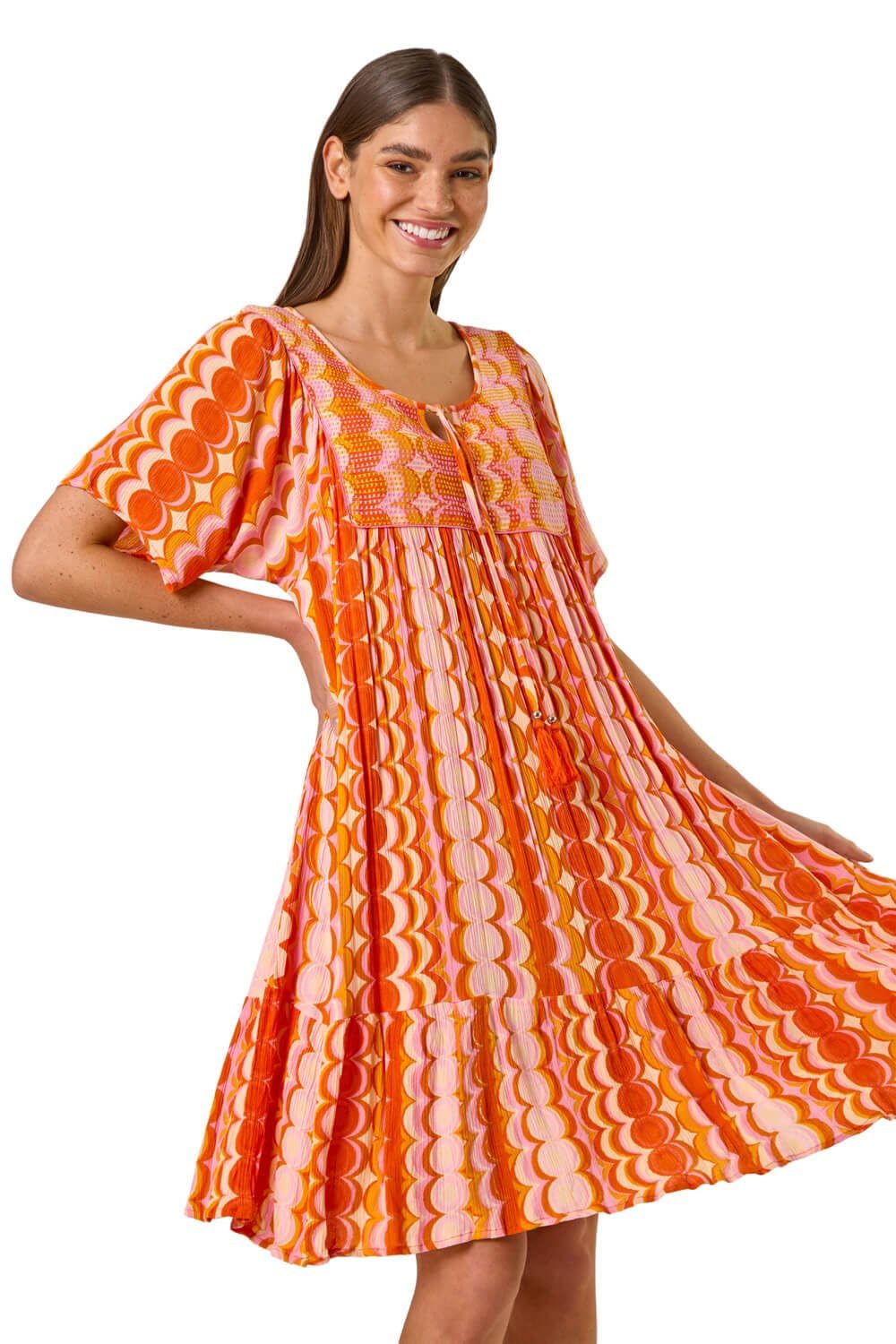 Roman Women's Orange Abstract Smocked Dress In | Size: Large
