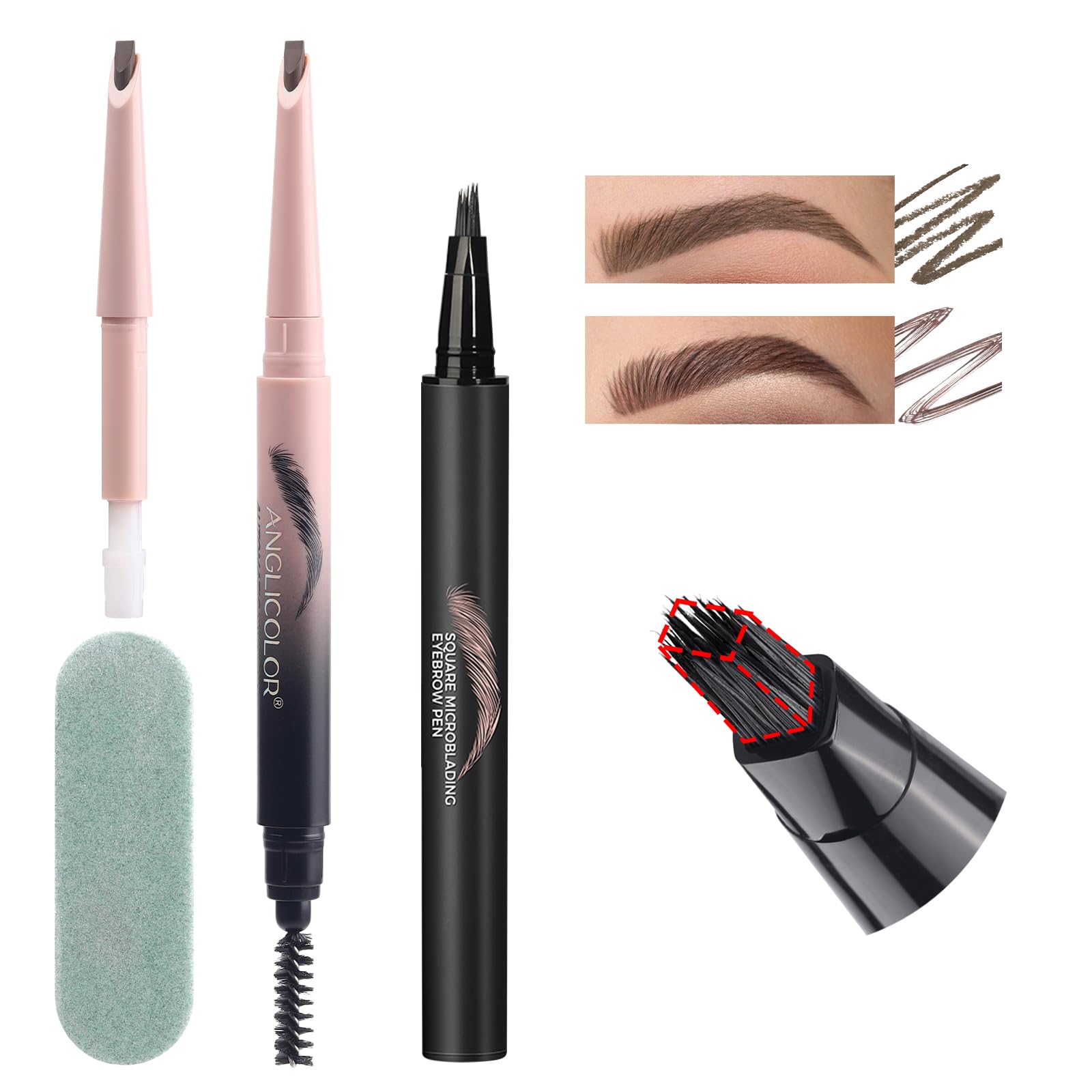 Microblading Eyebrow Pencil Kit – Angled Square Tip Liquid Eyebrow Pencil, Shaping and Filling Brow Definer Pen with Brush & Refill Core, Sharpening