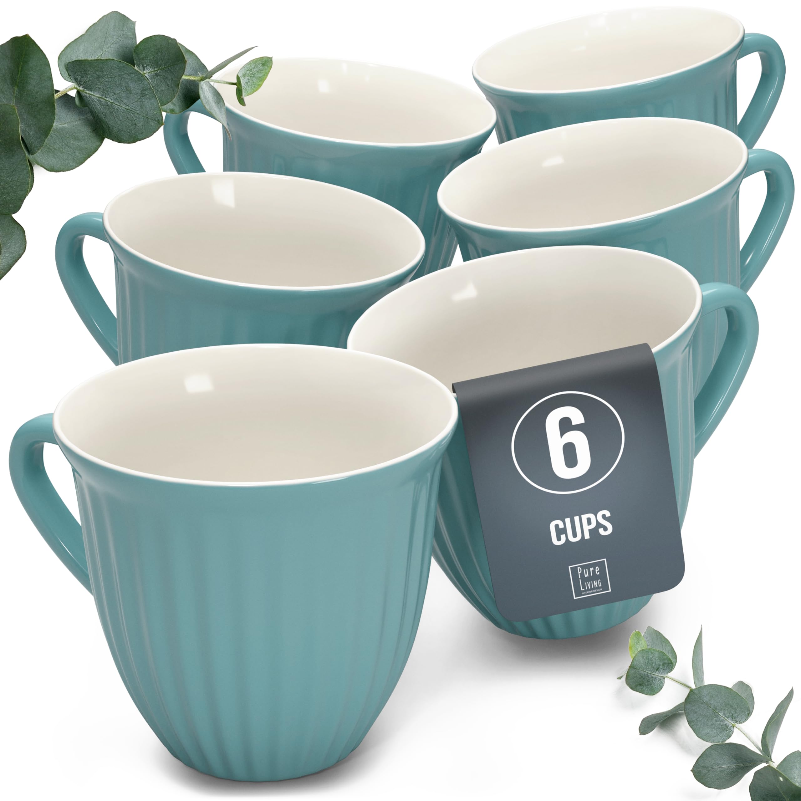 Set of 6 Stoneware Mugs - Coffee Mug Set - Modern, Dishwasher, Microwave, and Scratch Resistant - Stylish Tea and Coffee Mug Set - Coffe Cup - Elegant Grooved Mugs in Petrol