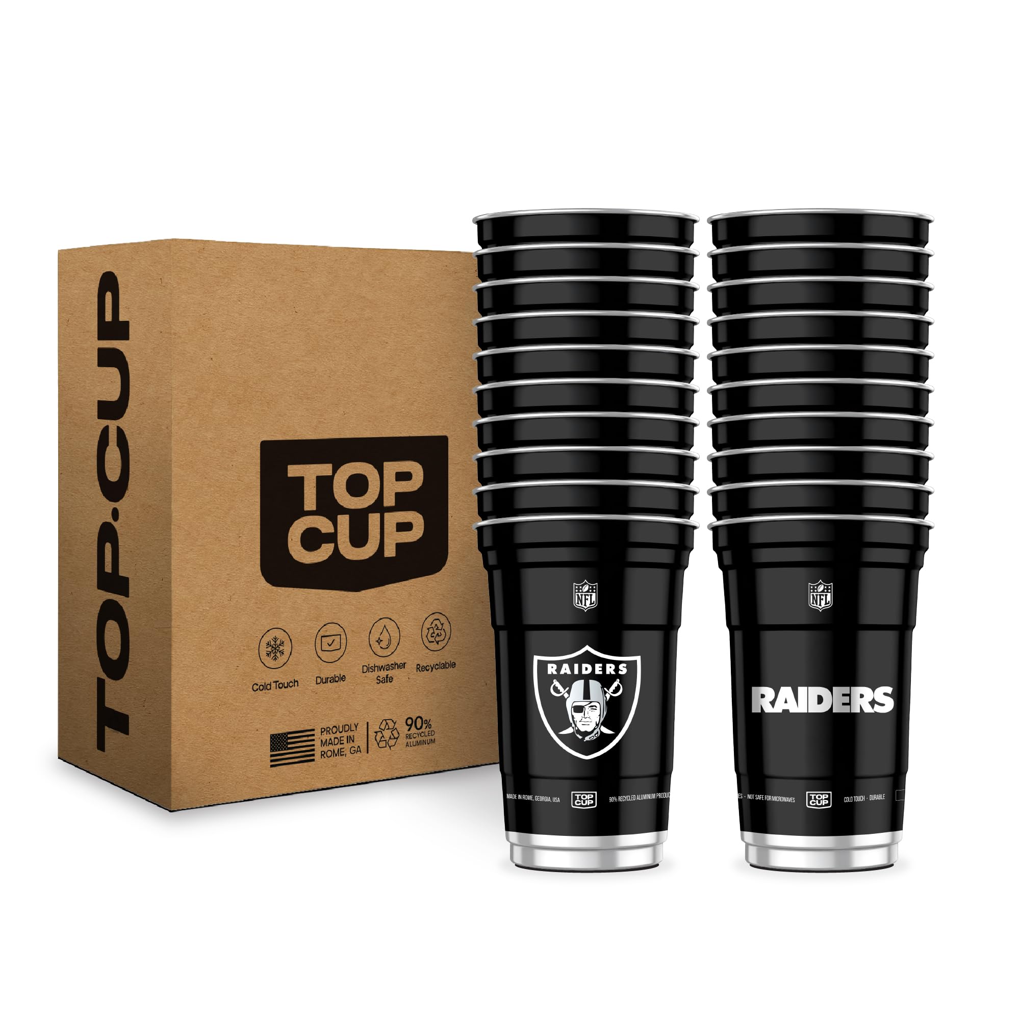 Top Cup NFL Las Vegas Raiders 20 oz Reusable Aluminum Cups 20 Count | Officially Licensed, Durable, Reusable & Recyclable, Made in USA