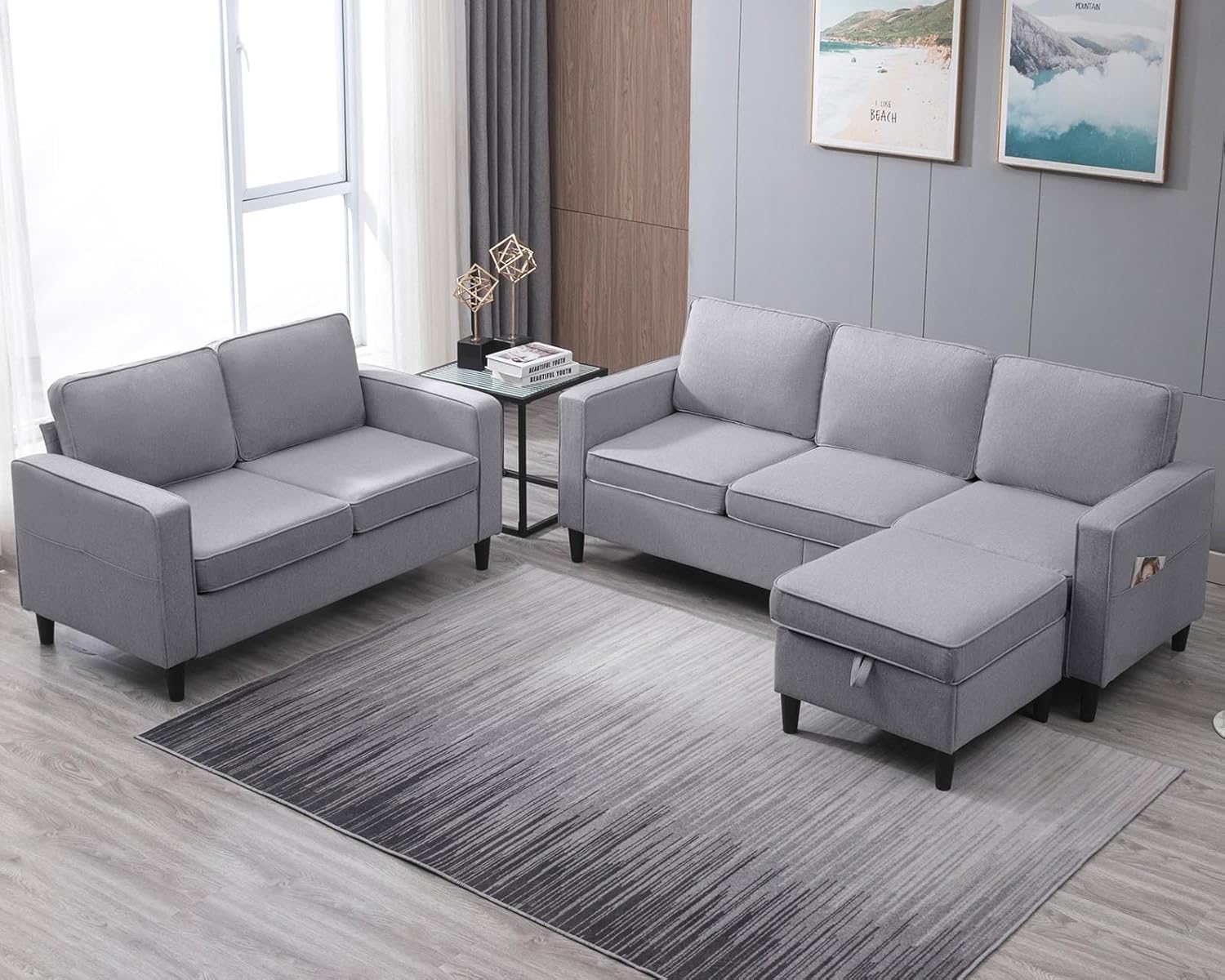 PUREMIND 2 Pcs Sofa Set, Couches Set w Wooden Sofa Legs, Linen Living Room Furniture w Storage Ottoman, Storage Pockets, Thicken Cushion, Sectional Sofas Includes 3-Seater+ Loveseat, Light Grey