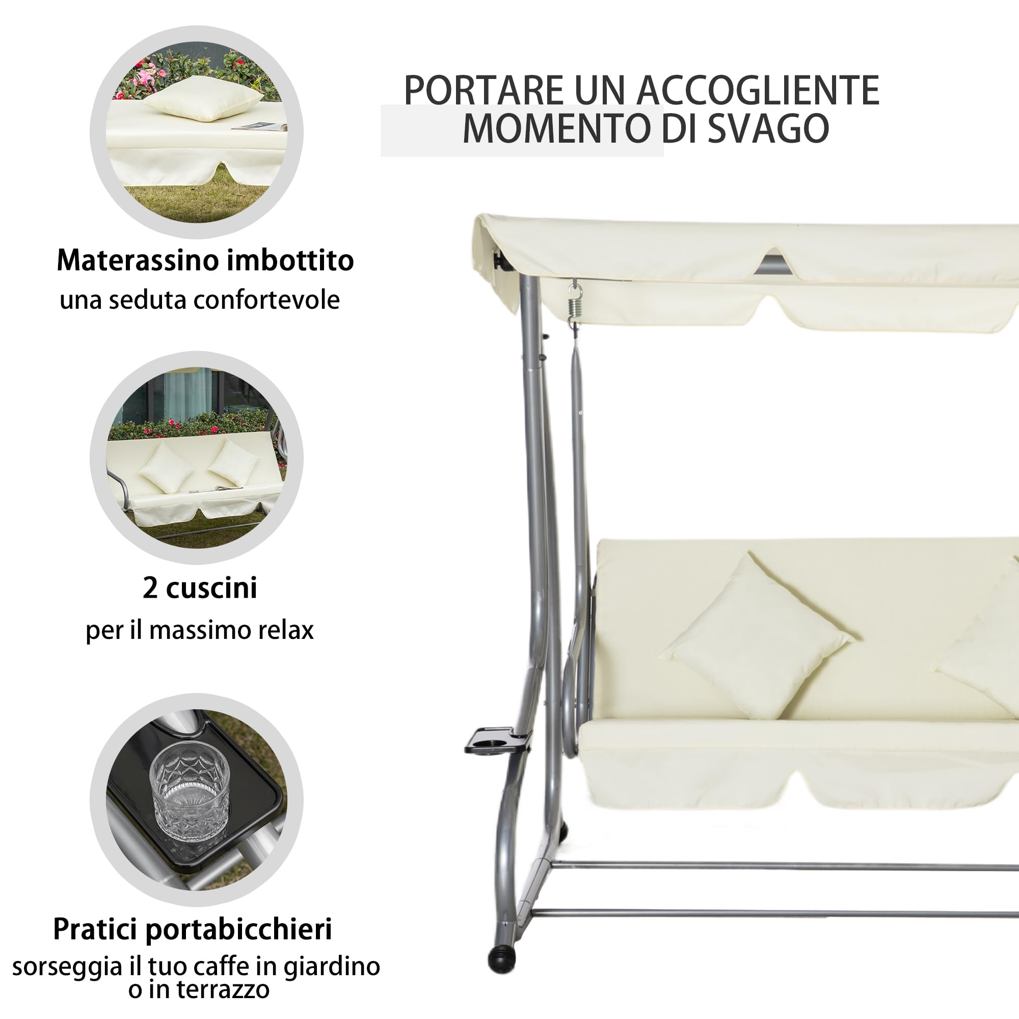 Outsunny Dondolo da Giardino convertibile in Letto a Dondolo, Dondolo 3 Posti in Acciaio e Poliestere con Tetto Regolabile e 2 Portabicchieri, 200x120x164 cm, Crema