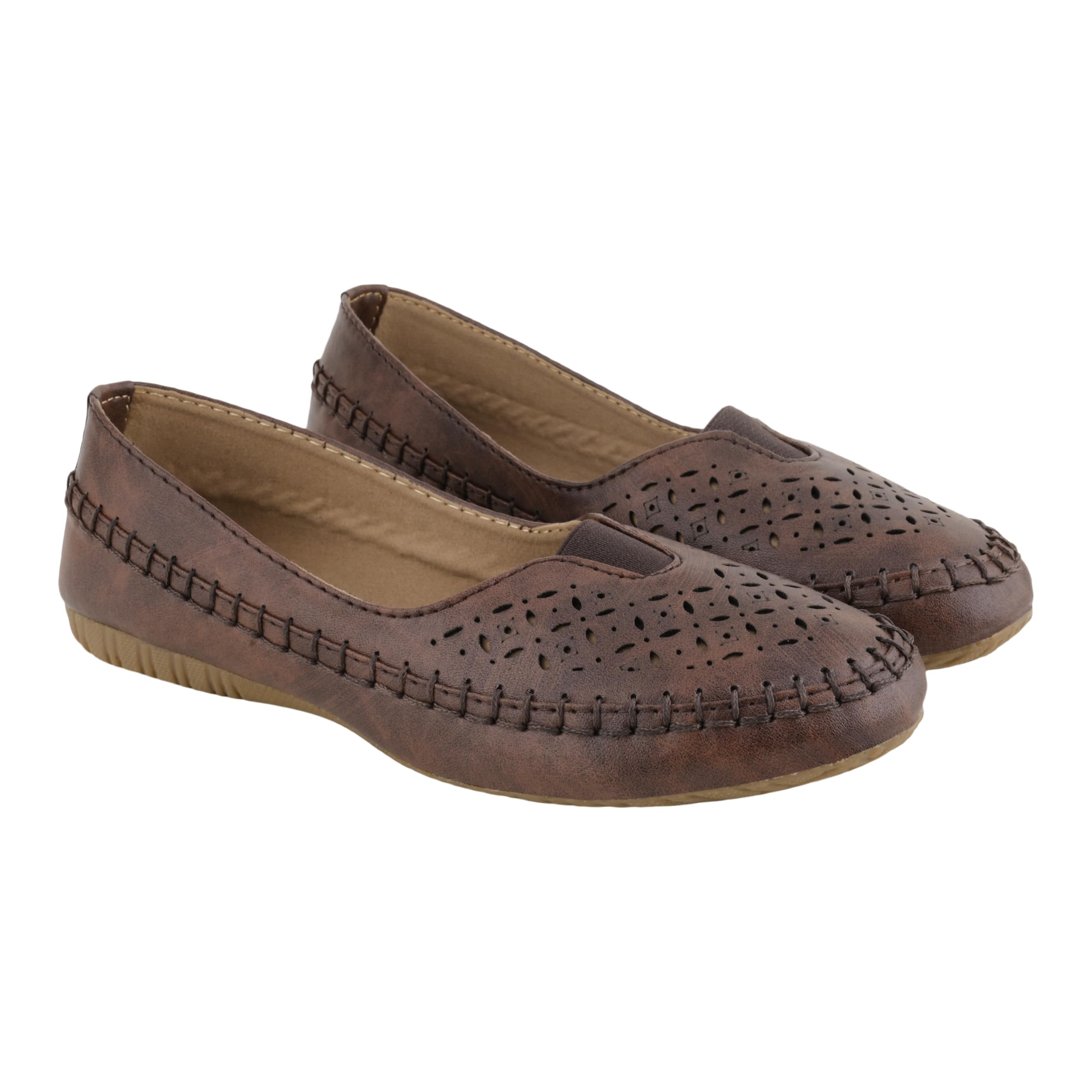 shoetopia Women's Tan Laser-Cut Ballerinas - Comfortable Slip-On Flats with Hand-Stitched Detail-picture-15